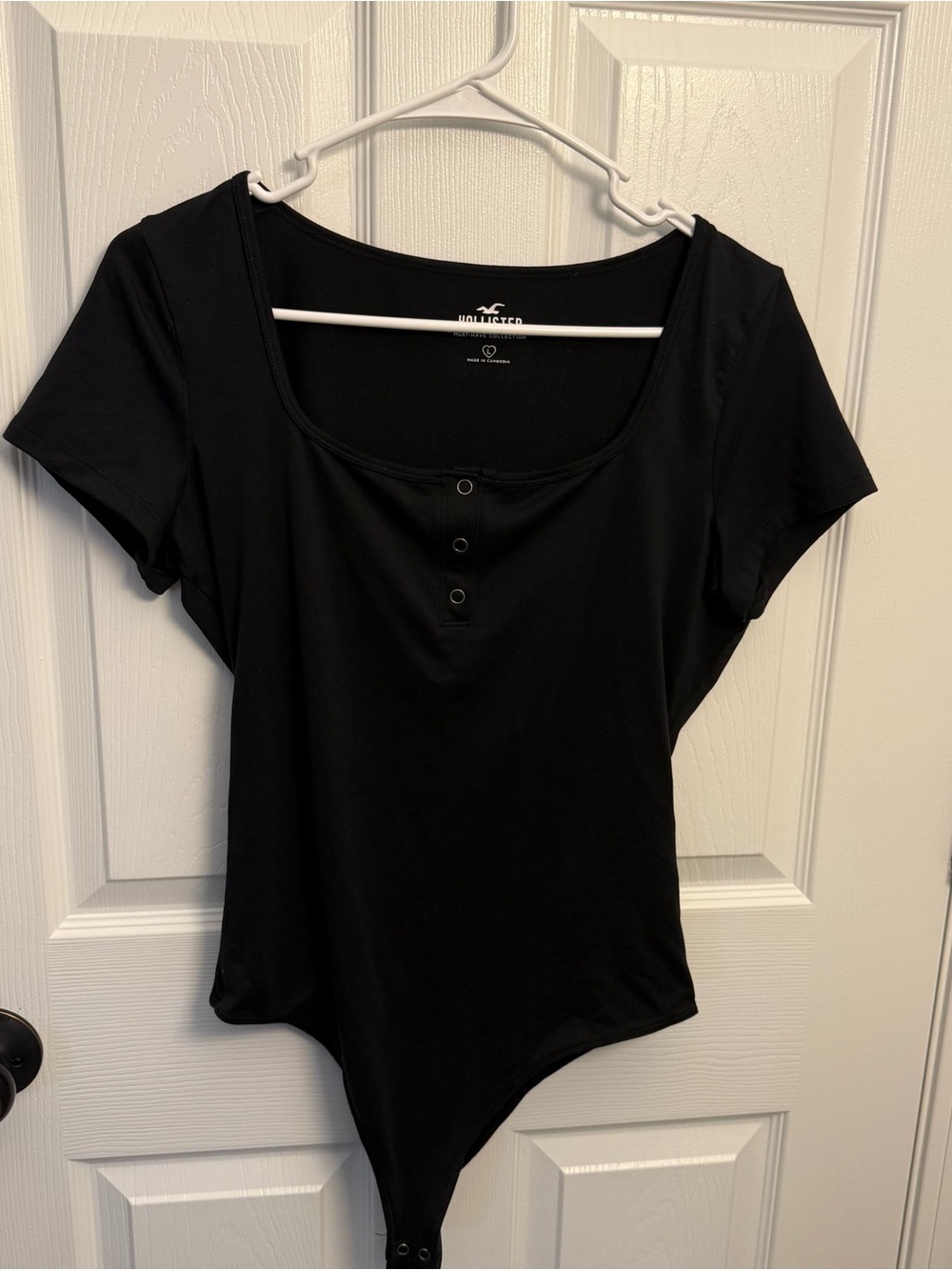 Hollister Black Short Sleeve Henley Bodysuit Square Neck Fitted Top Size L NWOT